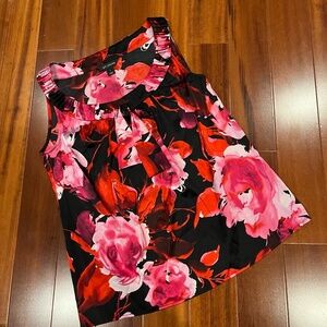 St John Silk Blouse Red Black Floral Pattern Sleeveless Tie Detail Size Petite 0